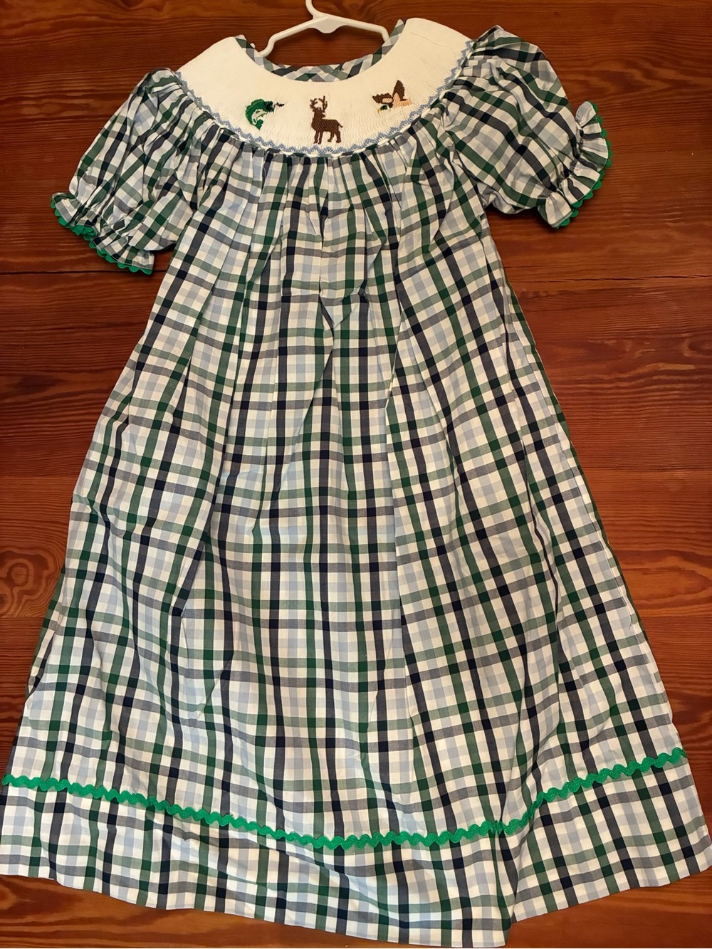 Girls Green & Navy Plaid Smocked Dress with Animal Embroidery
